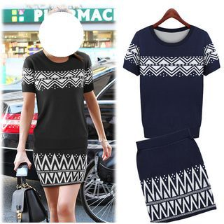 SUYISODA Set: Short-Sleeve Pattern Knit Top + Knit Pencil Skirt