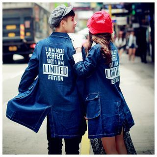 Simpair Lettering Long Couple Denim Jacket