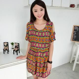 59 Seconds Cutout Shoulder Print A-Line Dress