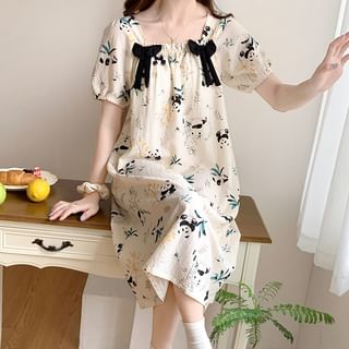 Short-Sleeve Panda Print Bow Midi Pajama Dress