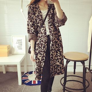 Fashion Street Leopard Print Long Knit Jacket