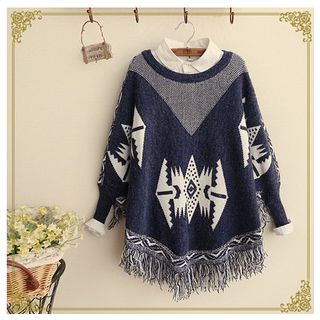 Mellow Fellow Pattern Fringed Batwing-Sleeve Sweater