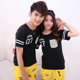 Azure Couple Short Sleeves Number Print T-shirt