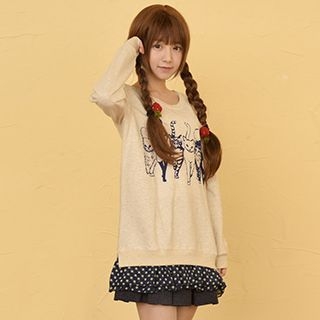 Moriville Cat Print Chiffon Panel Pullover