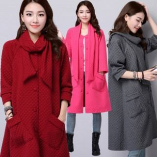 Splashmix Quilted Buttoned Coat with Scarf