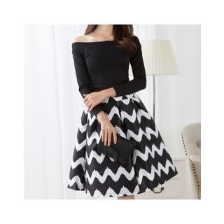 Oaksa Set: Off-Shoulder Top + Zigzag Print A-Line Skirt