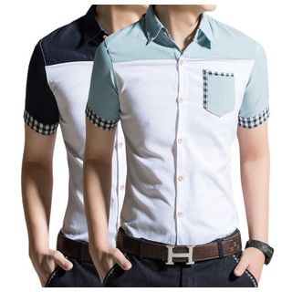 Danjieshi Gingham Panel Color-Block Shirt