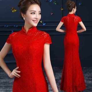 Shannair Cap-Sleeve Lace Cheongsam Evening Gown