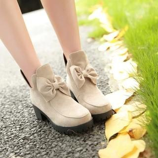 JY Shoes Bow Chunky-Heel Short Boots