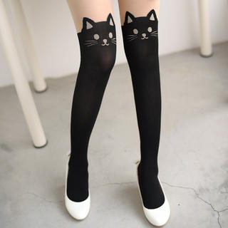 59 Seconds Cat Print Tights Black and Nude - One Size