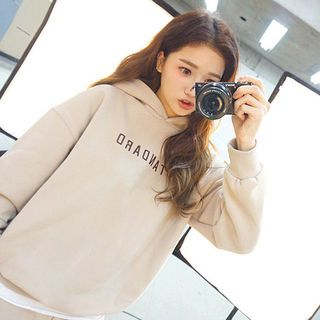 chuu Hooded Lettering Brushed-Fleece Lined Pullover
