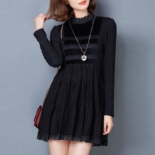 SILVIE Long-Sleeve Lace Panel Pleated Dress