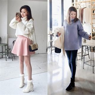 QNIGIRLS Turtle-Neck Wool Blend Sweater