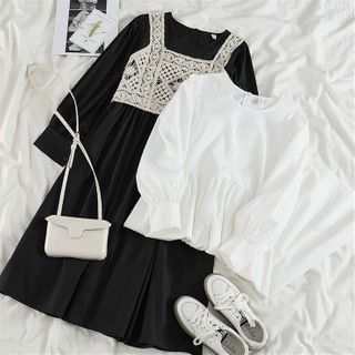 Plain Long-sleeve Loose-fit Dress / Cropped Crochet Lace Camisole