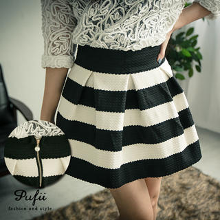 PUFII Striped Jacquard Mini Skirt Black White - One Size
