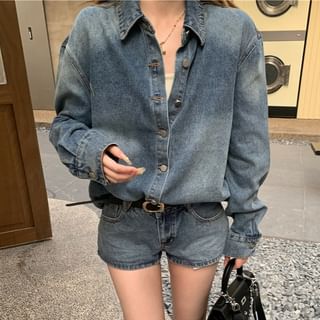 Set: Washed Denim Shirt + Mid Rise Hot Pants