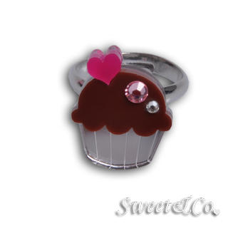 Sweet & Co. Mini Brown Cupcake Crystal Silver Ring