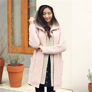Romantic Factory Open-Front Inset Hooded Knit Cardigan
