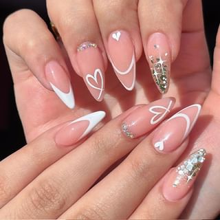 monreum - Sequined Heart Press On Nail GW - Pink & White & Silver - One Size