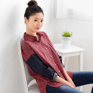 59 Seconds Denim Panel Plaid Shirt Red - One Size