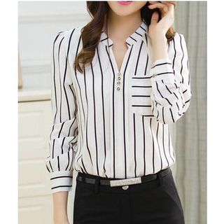 Oaksa Pinstriped Open Placket Chiffon Blouse