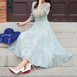 Amella Elbow-Sleeve Lace Panel Dress