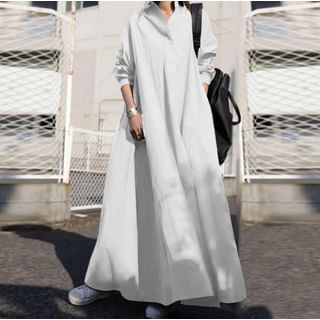 Long-Sleeve Collar Plain Maxi A-Line Shirt Dress