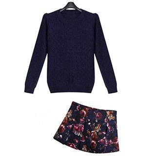 AGA Set: Padded Shoulder Sweater + Floral A-Line Skirt
