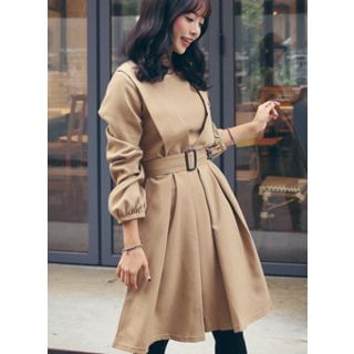 HOTPING Puff-Sleeve Pleated Dress With Belt