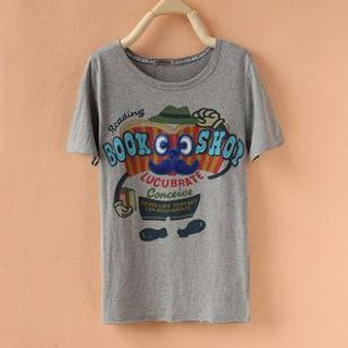Cute Colors Short-Sleeve Lettering & Book Pattern T-Shirt