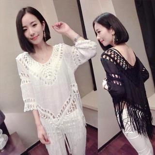 Clair Fashion 3/4 Sleeved Perforated Fringed Knit Top