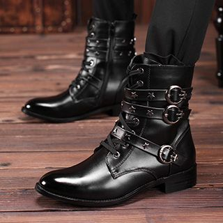Shoelock Studded Lace Up Short Boots