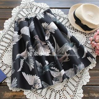 YOYO Pleated Bird Print Midi Skirt