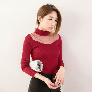Tokyo Fashion Stand Collar Mesh Panel Knit Pullover
