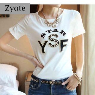 Zyote Short-Sleeve Lettering Rhinestone T-Shirt
