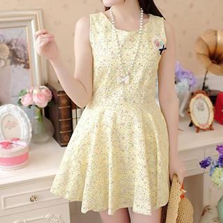 GOGO Girl Floral Print Lace Sleeveless A-line Dress + Brooch