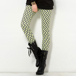 YesStyle Z Elastic-Waist Patterned Skinny Pants Neon Yellow - One Size