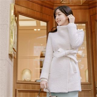 Attrangs Funnel-Neck Wool Blend Coat with Sash