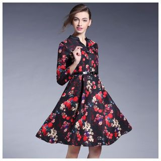 Elabo Long-Sleeve Patterned A-Line Dress
