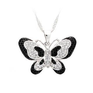 BELEC 925 Sterling Silver Butterfly Pendant with Black and White Cubic Zircon and Necklace