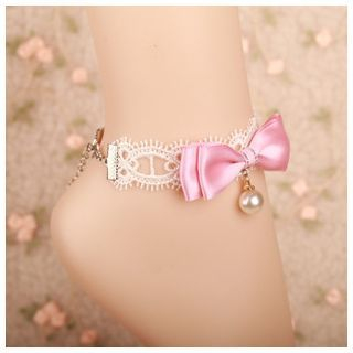 Amina Faux Pearl Bow-Accent Lace Anklet