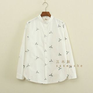 Mushi Mandarin Collar Flower Embroidered Shirt