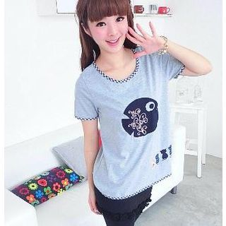 59 Seconds Fish and Cat Print Short-Sleeve Top