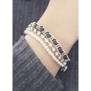 kitsch island Set: Chain Bracelet + Faux-Pearl Bracelet + Rhinestone Bracelet