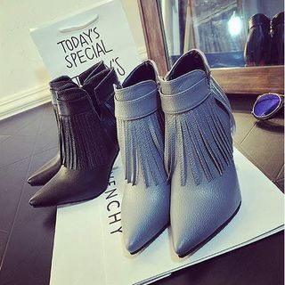 Wello Faux Leather Fringed Pointy Kitten Heel Ankle Boots