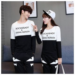 Azure Matching Couple Lettering Long-Sleeve T-Shirt / Monster Print Sweatpants