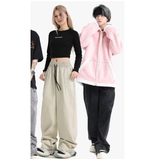 Couple Matching Drawstring Waist Letter Embroidered Wide Leg Pants