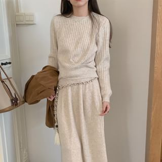 Set: Round Neck Plain Criss Cross Ribbed Sweater + High Rise Knit Maxi A-Line Skirt