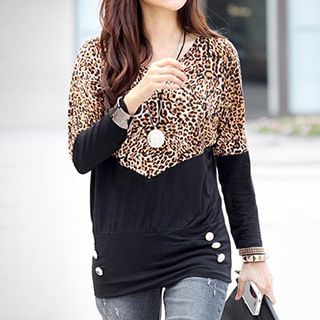 Rebecca Long-Sleeve Leopard Panel T-Shirt