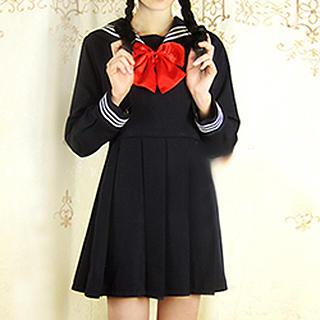 Skool Long-Sleeve Sailor-Collar A-Line Dress